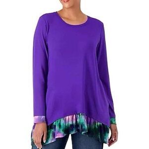 LOGO by Lori Goldstein QVC Rayon Purple Top with Tie-Dye Mesh Hem Size Large